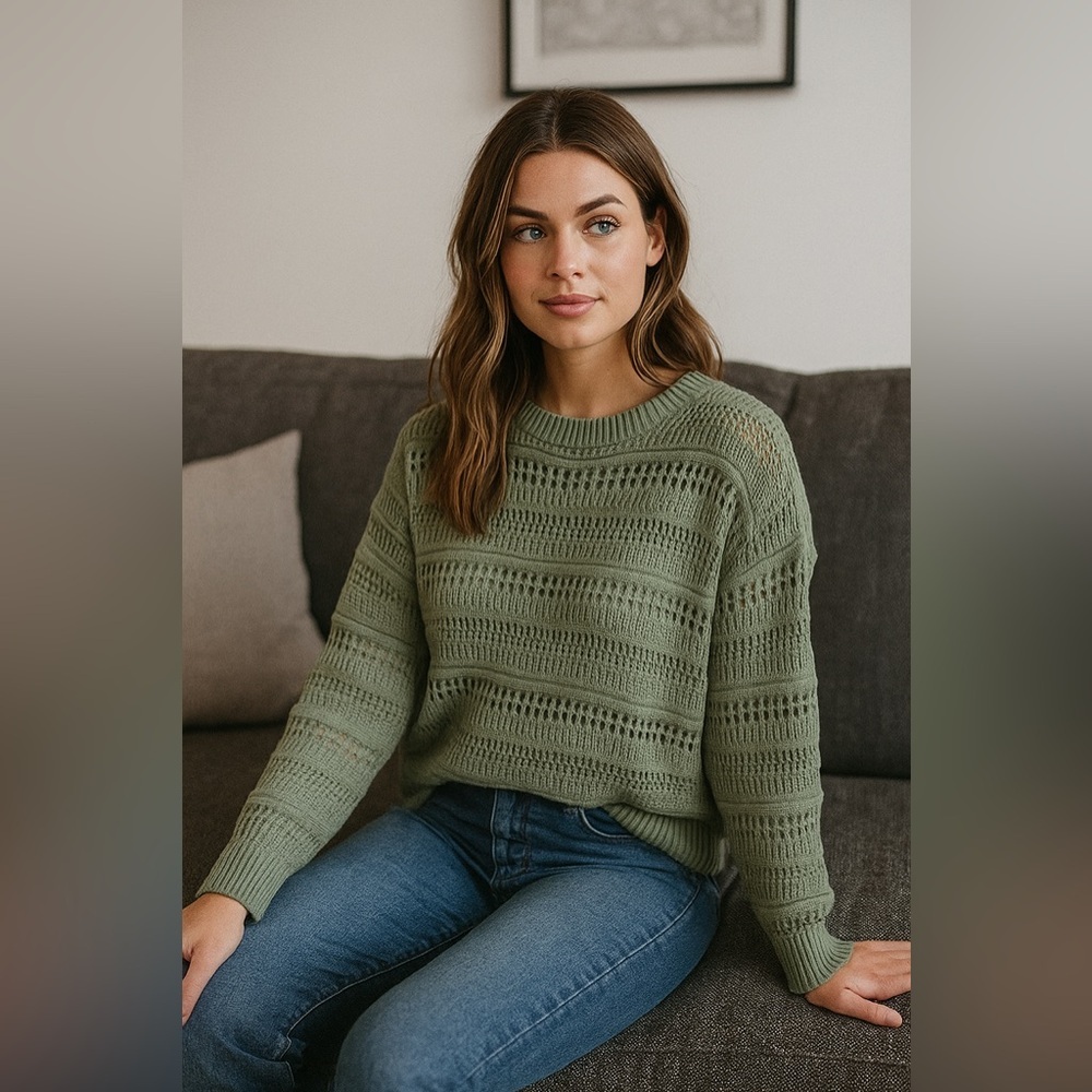 H&M Green Cotton Crew Neck Sweater